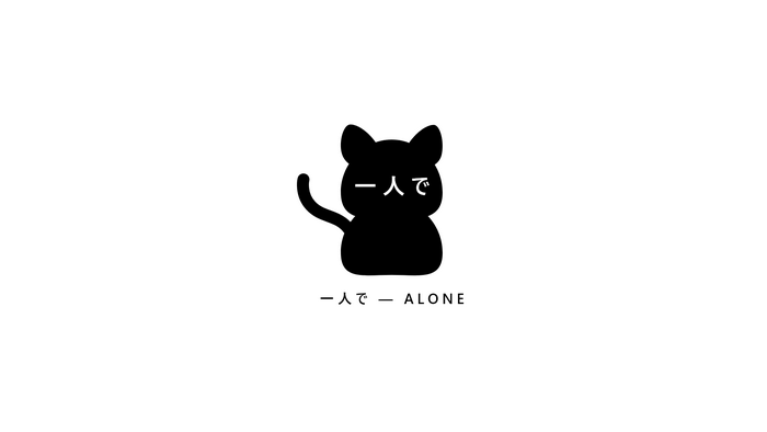 Black cat with Japanese text '一人で' and 'ALONE'