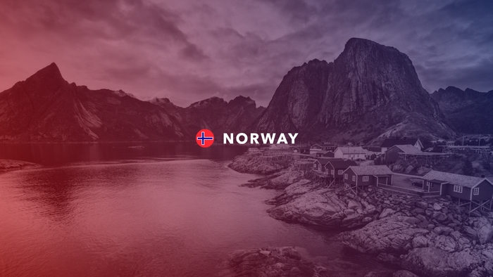 Norway flag and text over a mountain landscape