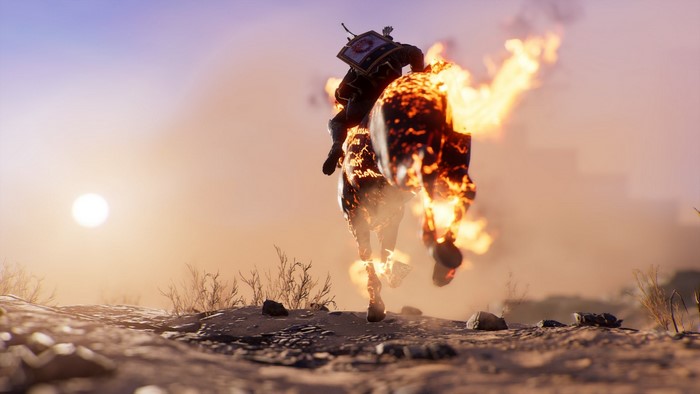 Bayek on a flaming horse in Assassin's Creed: Origins