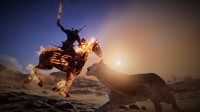 Bayek on a flaming horse fighting a leopard in Assassin's Creed: Origins