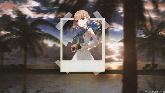 Anime girl with camera on beach at sunset