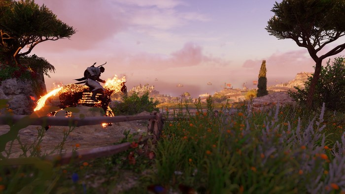 Bayek from Assassin's Creed: Origins on a fiery horse