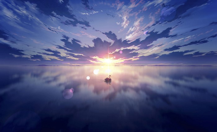 Anime swan on a lake at sunset with clouds