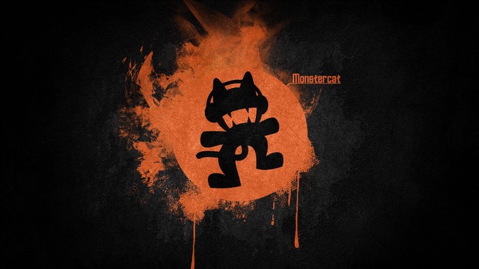 Monstercat logo with orange splash on black background