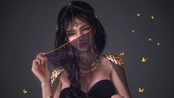 Woman in Veil with Golden Armor and Butterflies