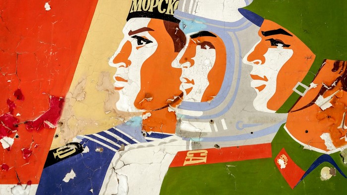 Soviet propaganda poster with soldiers and sailor