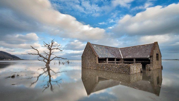 Flooded stone building and dead tree with reflections