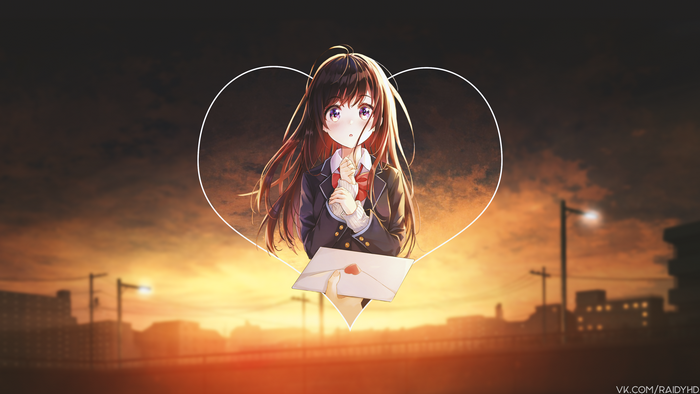 Anime girl holding a letter in a heart frame