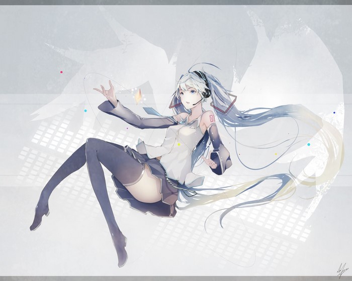 Hatsune Miku from Vocaloid floating in abstract space