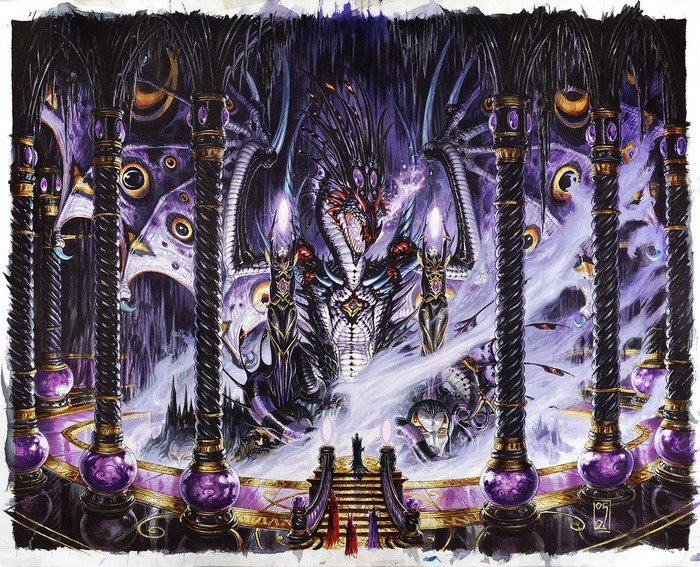 Dragon and figures in a dark fantasy hall