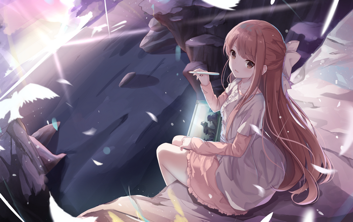 Anime girl drawing birds in a rocky landscape