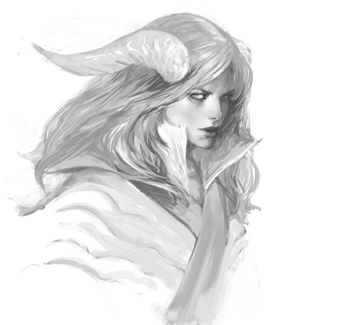 Monochrome fantasy art of a girl with horns