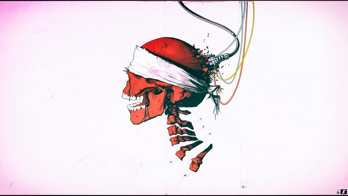 Red skull with blindfold and wires 4K