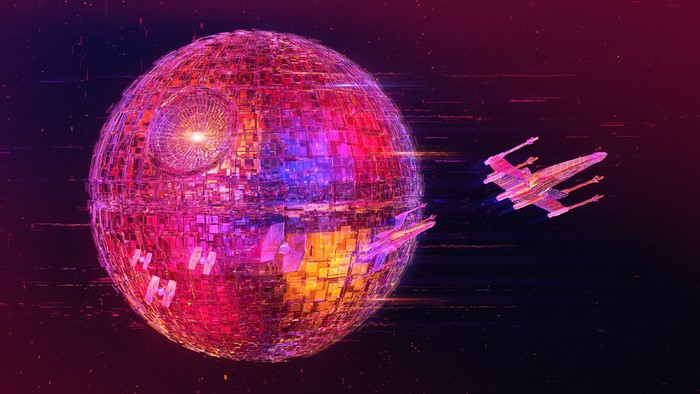 Death Star and X-wing in neon space