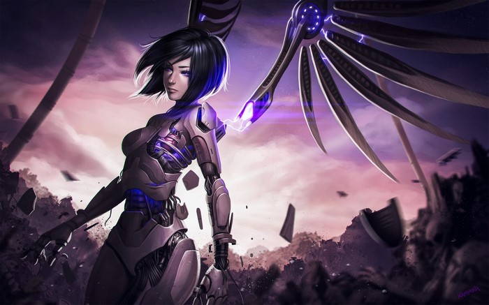 Cyborg girl with mechanical wings in a destroyed landscape