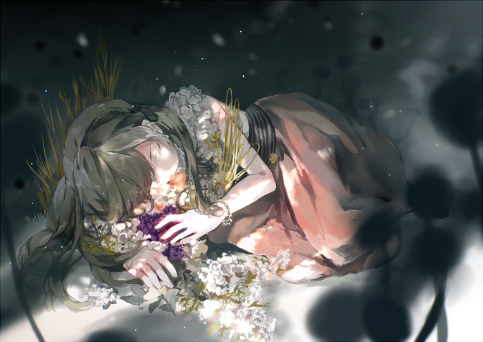 Anime girl sleeping with flowers