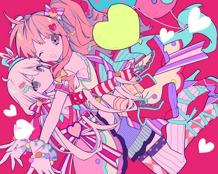 Two anime girls with colorful outfits and heart balloons