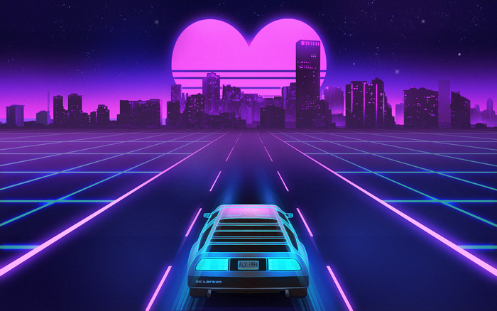 Retro car driving towards a city with a heart-shaped moon