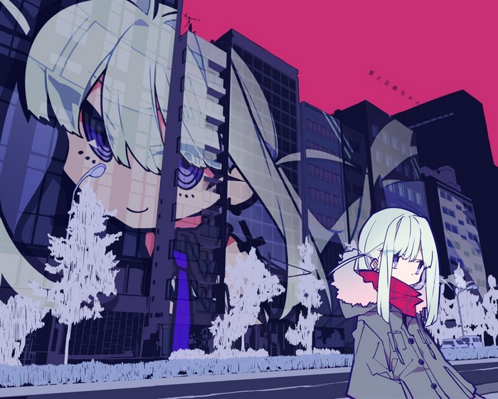 Anime girl in a city with a giant anime face overlay