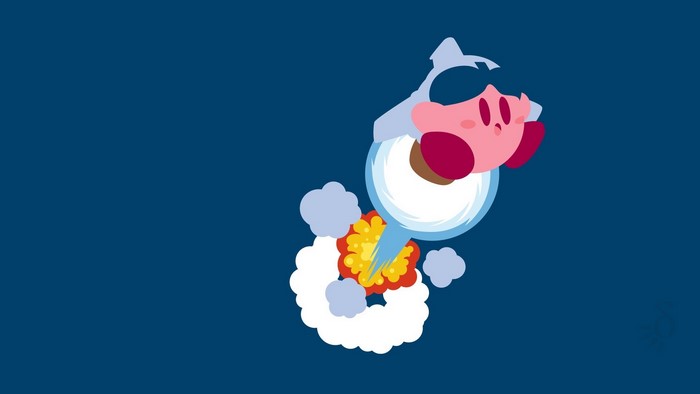 Kirby in a spaceship launching with smoke and fire