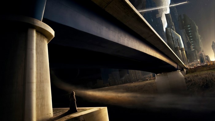 Monk under a futuristic bridge overlooking a city