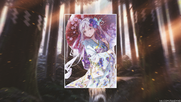 Anime girl in kimono holding umbrella