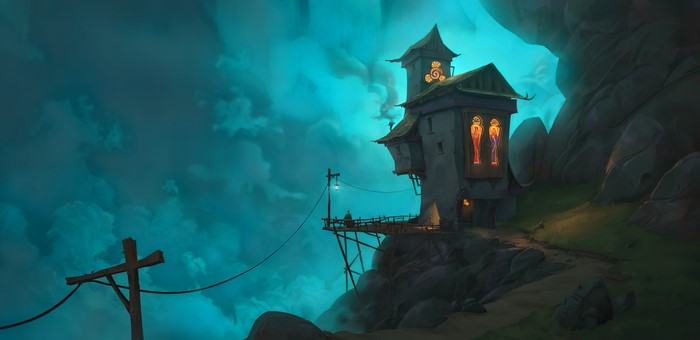 Fantasy cliffside house with stained glass windows