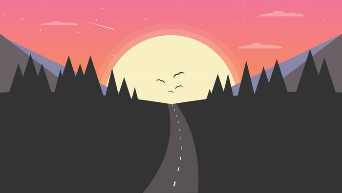 Minimalist sunset landscape with road and trees