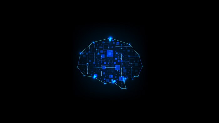 Digital brain with glowing blue circuits on black background