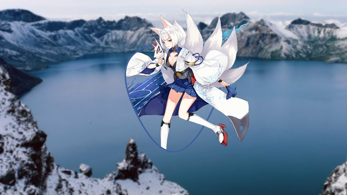 Anime girl with fox ears and tails in front of lake