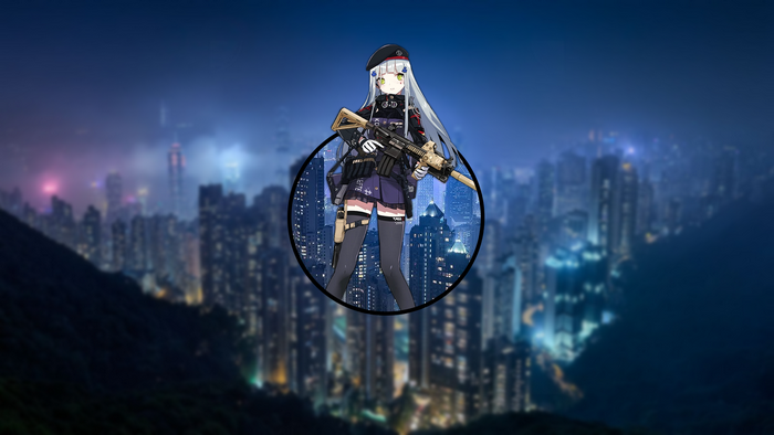 Anime girl with a rifle in a city at night