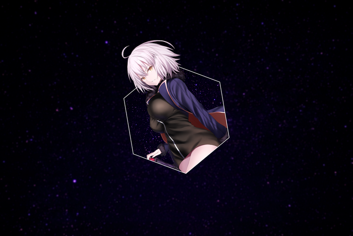 Anime girl with white hair in a hexagon