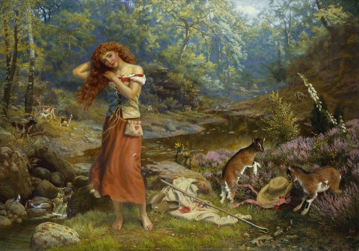 Girl with goats and deer in a forest stream