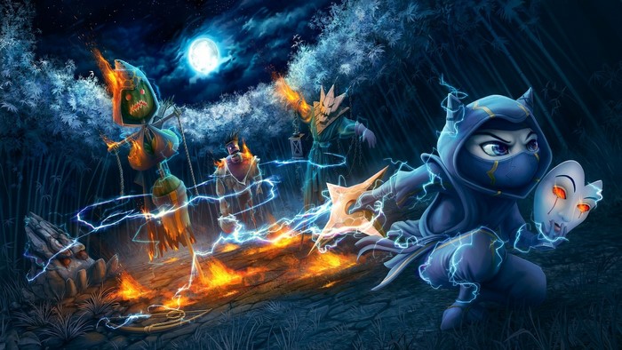 League of Legends Kennen and spooky creatures in a forest at night