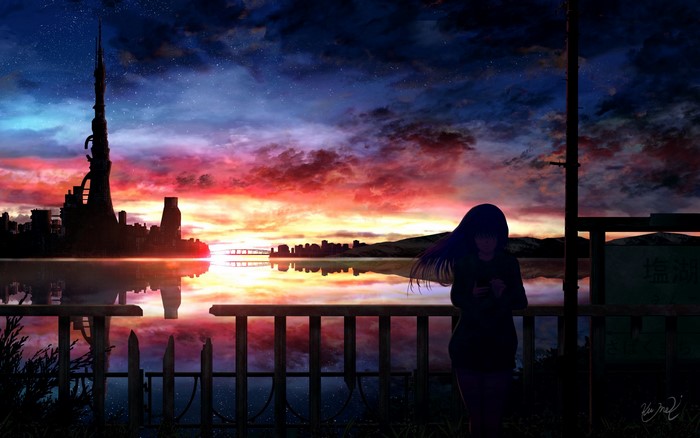 Anime girl watching sunset over city skyline