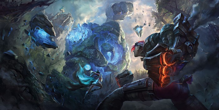 Vi and Ahri from League of Legends fighting a golem