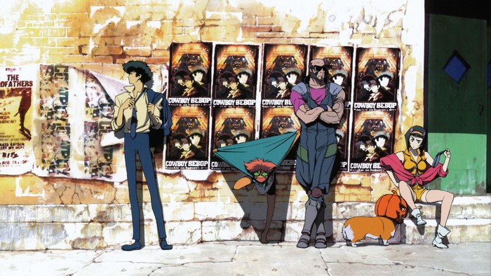 Cowboy Bebop characters and Ein in front of posters