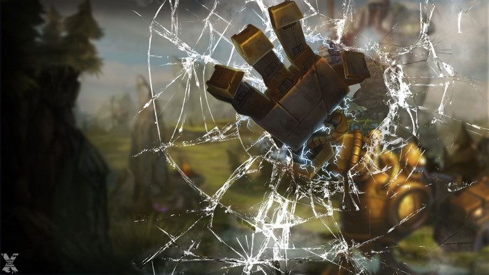 Blitzcrank from League of Legends breaking through glass