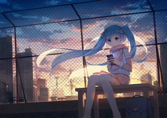 Hatsune Miku from Vocaloid sitting with smartphone