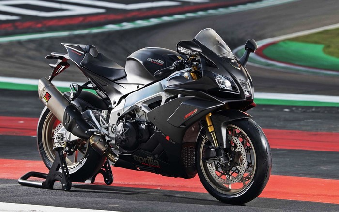 Aprilia RSV4 motorcycle with Akrapovic exhaust on track