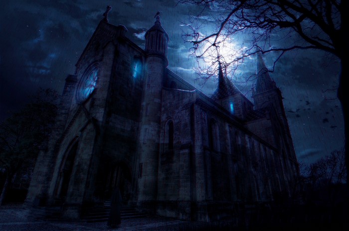 Spooky church at night with moon and rain