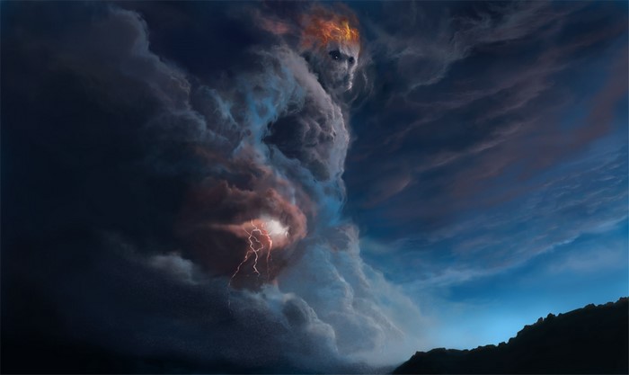 Giant storm cloud figure with lightning
