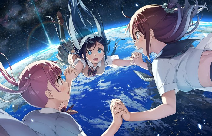 Anime girls floating in space above Earth