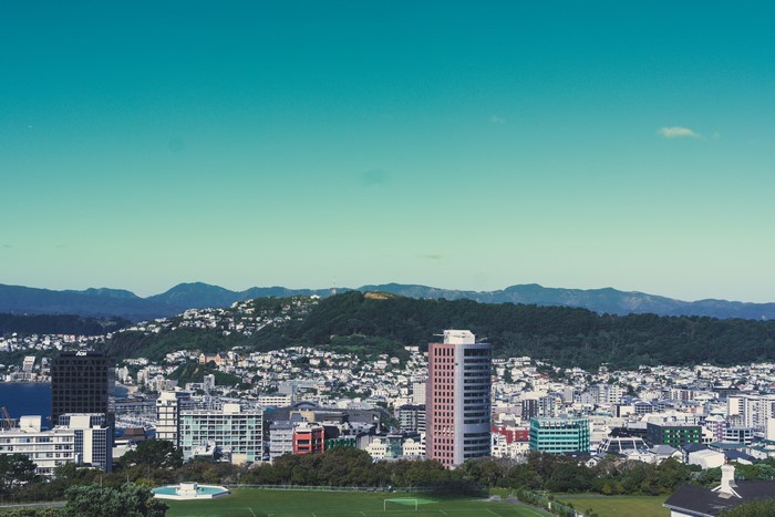 Cityscape of Wellington, New Zealand with Mountains