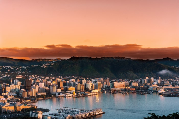 Wellington cityscape at sunrise with mountains