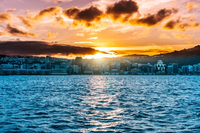 Wellington cityscape at sunset over the water