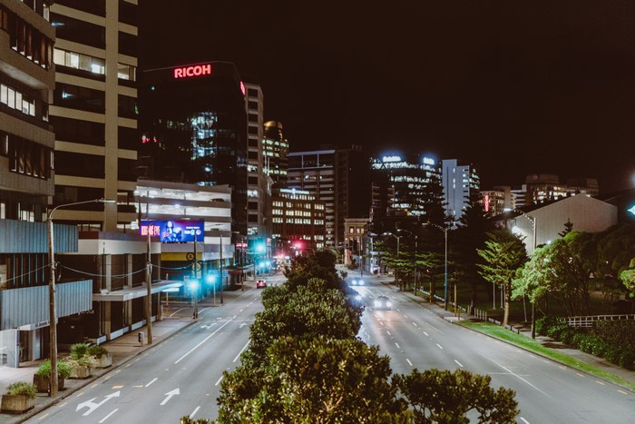 Nighttime Cityscape with Ricoh Building in Wellington, New Zealand