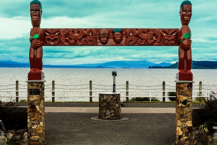 Maori Carvings at Lakefront, New Zealand