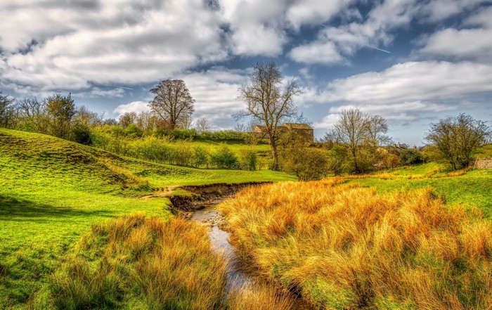Golden grass and green hills with a stream