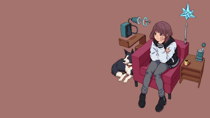 Girl and dog sitting on a couch with objects